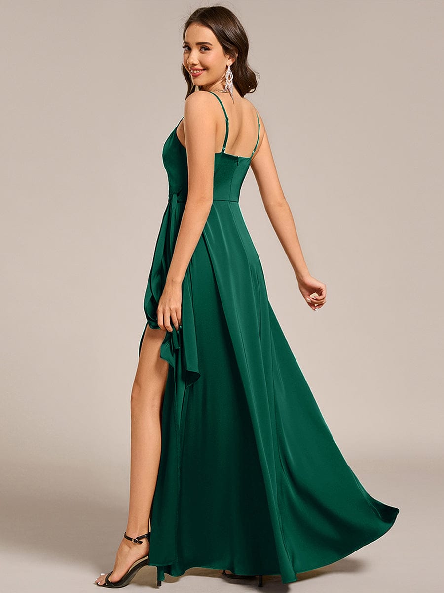 Delicate V-Neck Spaghetti Straps A-Line Satin Bridesmaid Dress with Slit