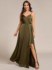 Delicate V-Neck Spaghetti Straps A-Line Satin Bridesmaid Dress with Slit