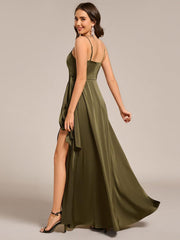 Delicate V-Neck Spaghetti Straps A-Line Satin Bridesmaid Dress with Slit