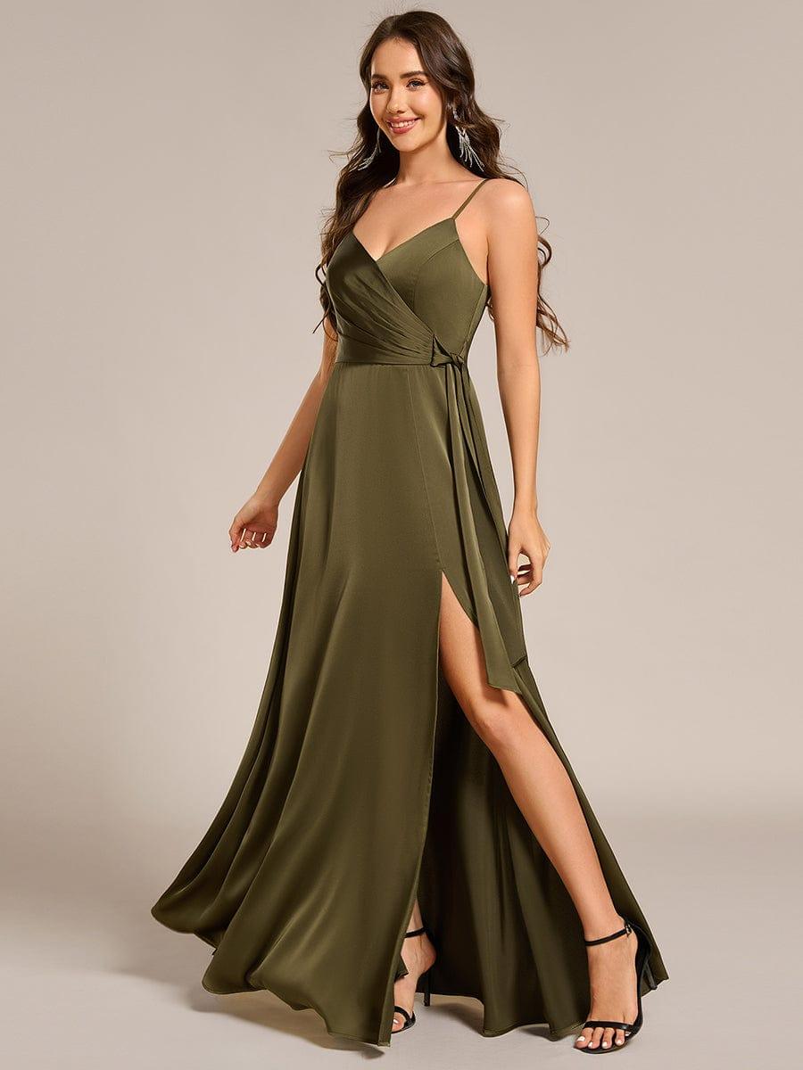 Delicate V-Neck Spaghetti Straps A-Line Satin Bridesmaid Dress with Slit