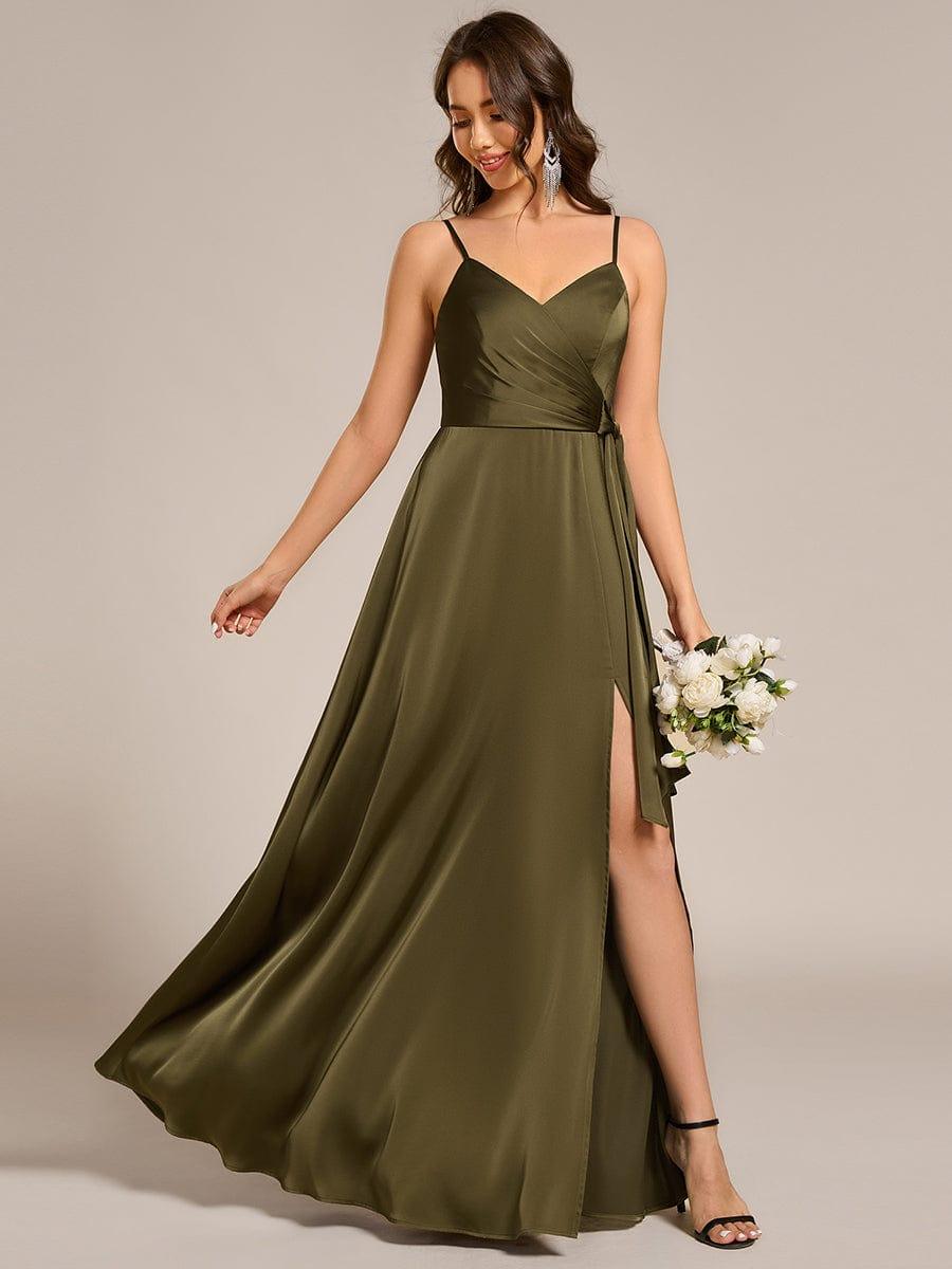 Delicate V-Neck Spaghetti Straps A-Line Satin Bridesmaid Dress with Slit