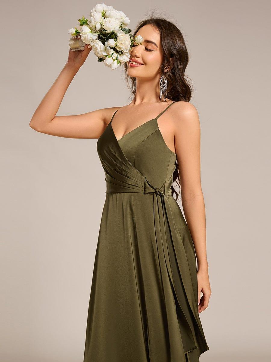 Delicate V-Neck Spaghetti Straps A-Line Satin Bridesmaid Dress with Slit