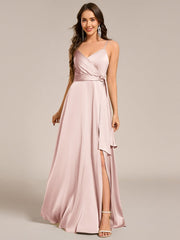 Delicate V-Neck Spaghetti Straps A-Line Satin Bridesmaid Dress with Slit