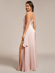 Delicate V-Neck Spaghetti Straps A-Line Satin Bridesmaid Dress with Slit