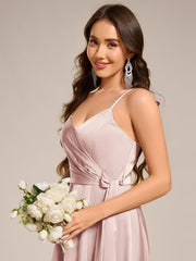 Delicate V-Neck Spaghetti Straps A-Line Satin Bridesmaid Dress with Slit