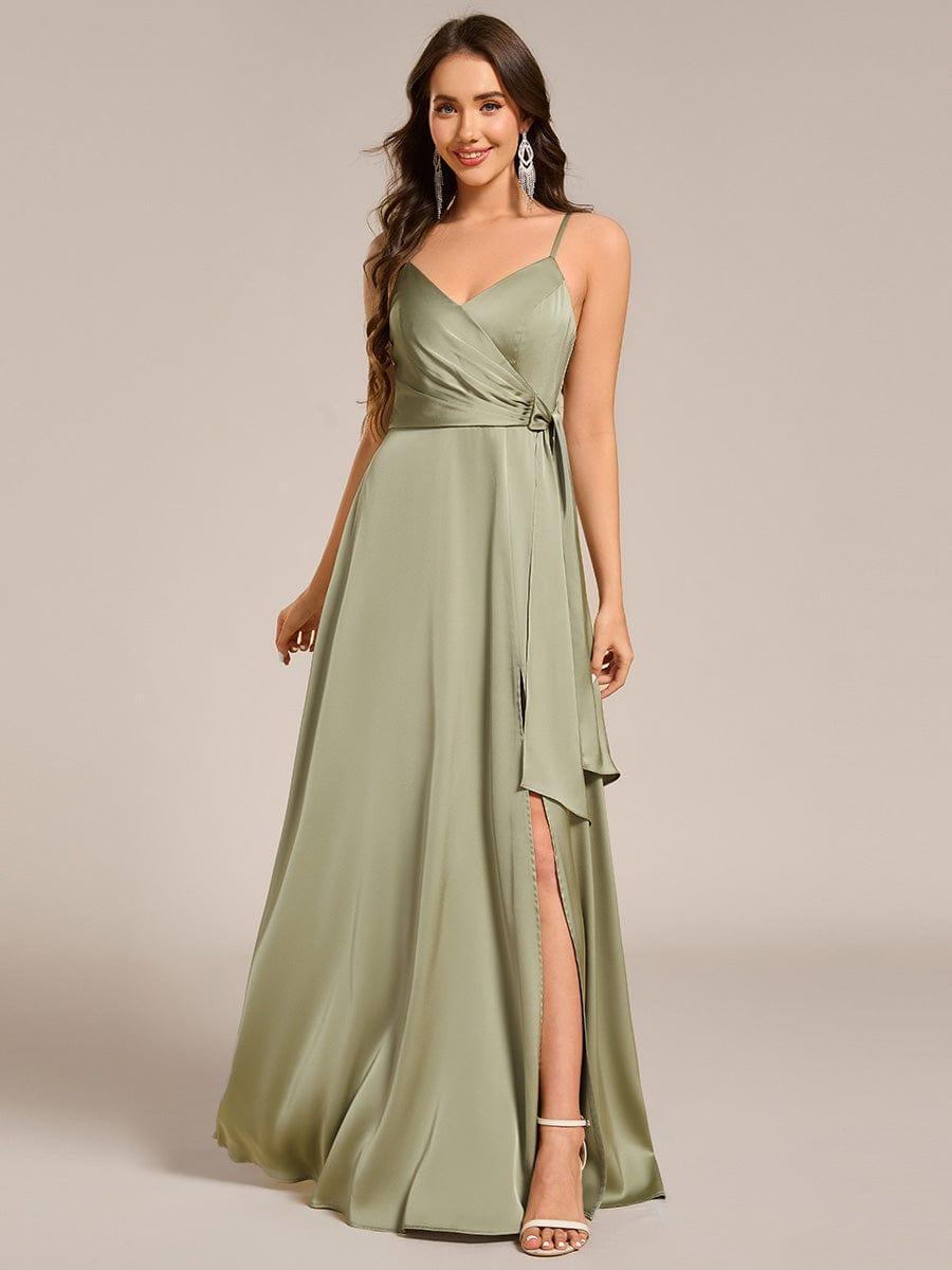 Delicate V-Neck Spaghetti Straps A-Line Satin Bridesmaid Dress with Slit