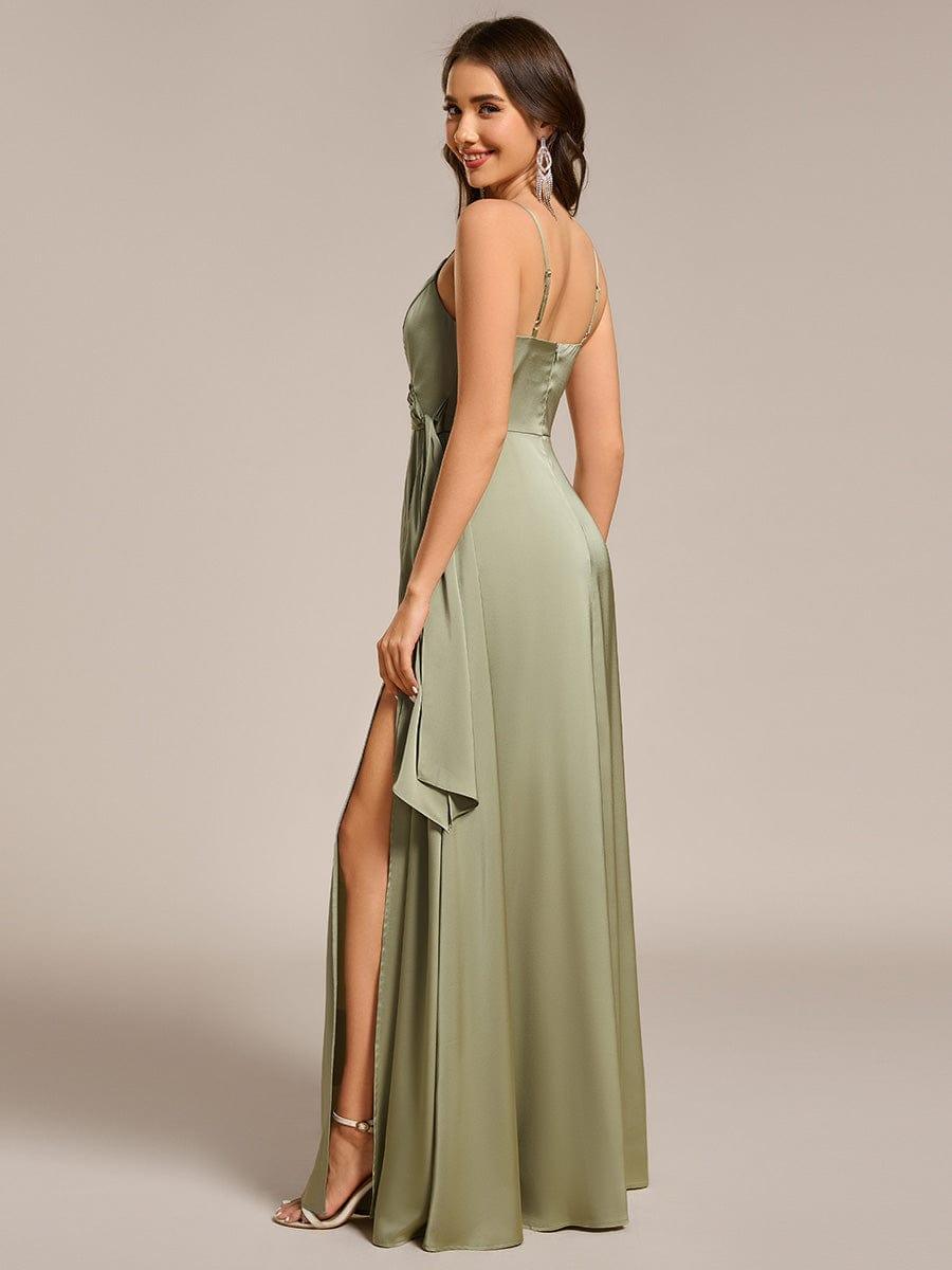 Delicate V-Neck Spaghetti Straps A-Line Satin Bridesmaid Dress with Slit