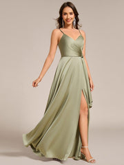 Delicate V-Neck Spaghetti Straps A-Line Satin Bridesmaid Dress with Slit