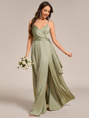Delicate V-Neck Spaghetti Straps A-Line Satin Bridesmaid Dress with Slit