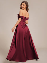 Enchanting Off-The-Shoulder High Slit Satin Bridesmaid Dress with Lace-Up