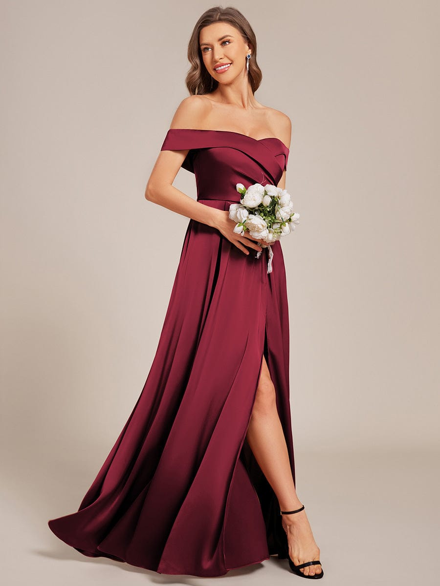 Enchanting Off-The-Shoulder High Slit Satin Bridesmaid Dress with Lace-Up