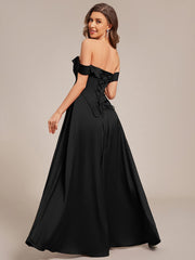Enchanting Off-The-Shoulder High Slit Satin Bridesmaid Dress with Lace-Up