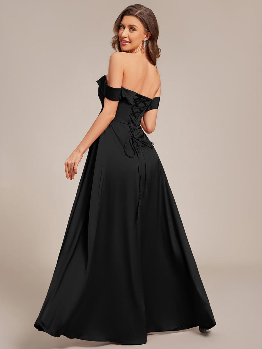 Enchanting Off-The-Shoulder High Slit Satin Bridesmaid Dress with Lace-Up