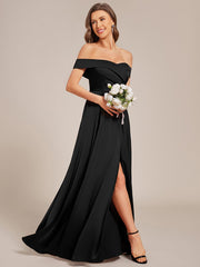 Enchanting Off-The-Shoulder High Slit Satin Bridesmaid Dress with Lace-Up
