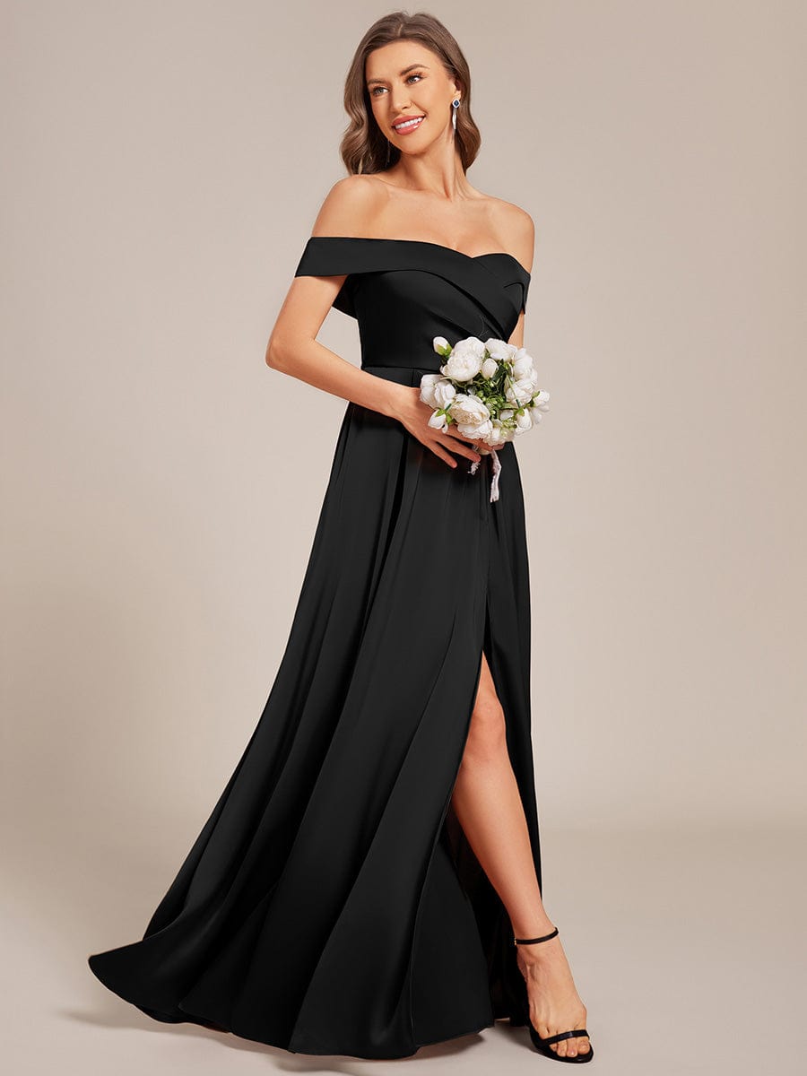Enchanting Off-The-Shoulder High Slit Satin Bridesmaid Dress with Lace-Up