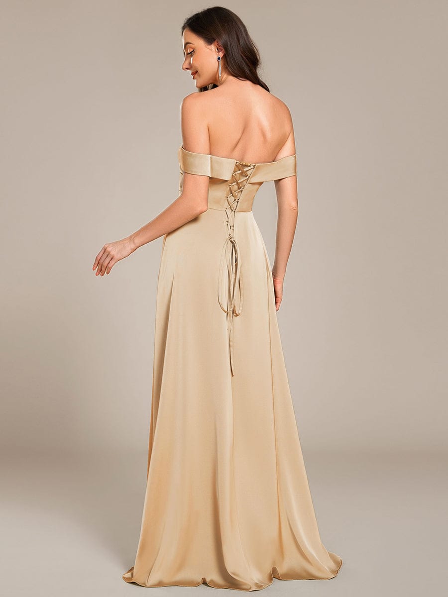 Enchanting Off-The-Shoulder High Slit Satin Bridesmaid Dress with Lace-Up