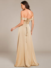Enchanting Off-The-Shoulder High Slit Satin Bridesmaid Dress with Lace-Up