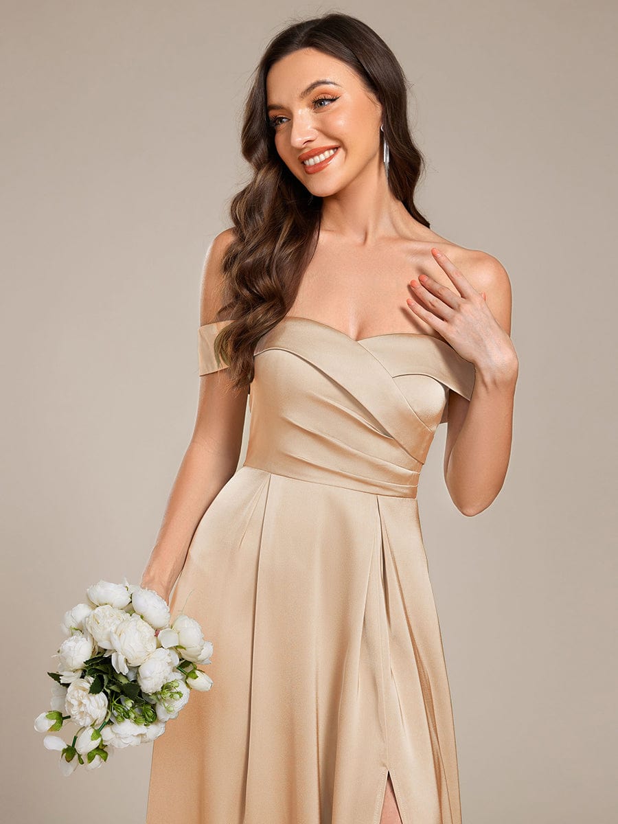 Enchanting Off-The-Shoulder High Slit Satin Bridesmaid Dress with Lace-Up