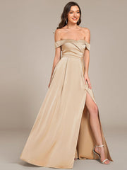Enchanting Off-The-Shoulder High Slit Satin Bridesmaid Dress with Lace-Up