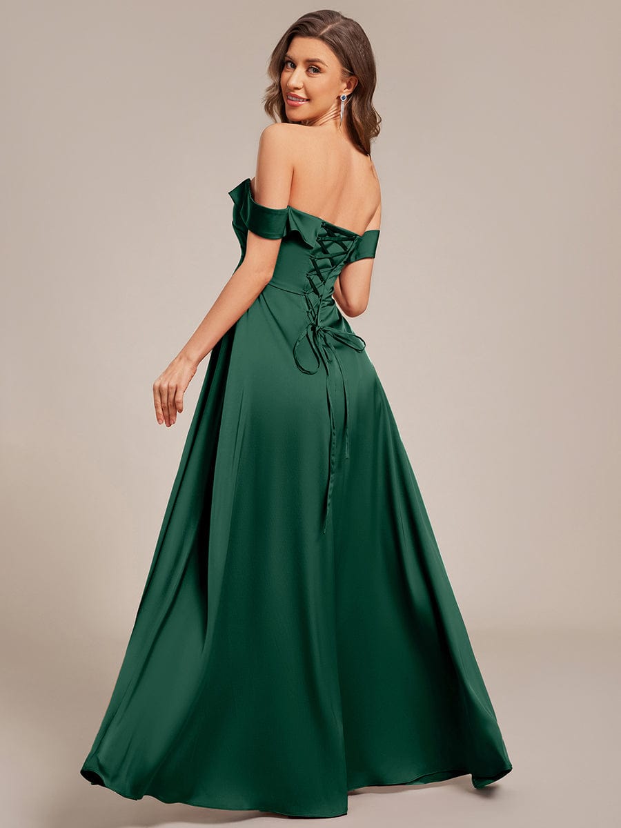 Enchanting Off-The-Shoulder High Slit Satin Bridesmaid Dress with Lace-Up