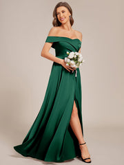 Enchanting Off-The-Shoulder High Slit Satin Bridesmaid Dress with Lace-Up