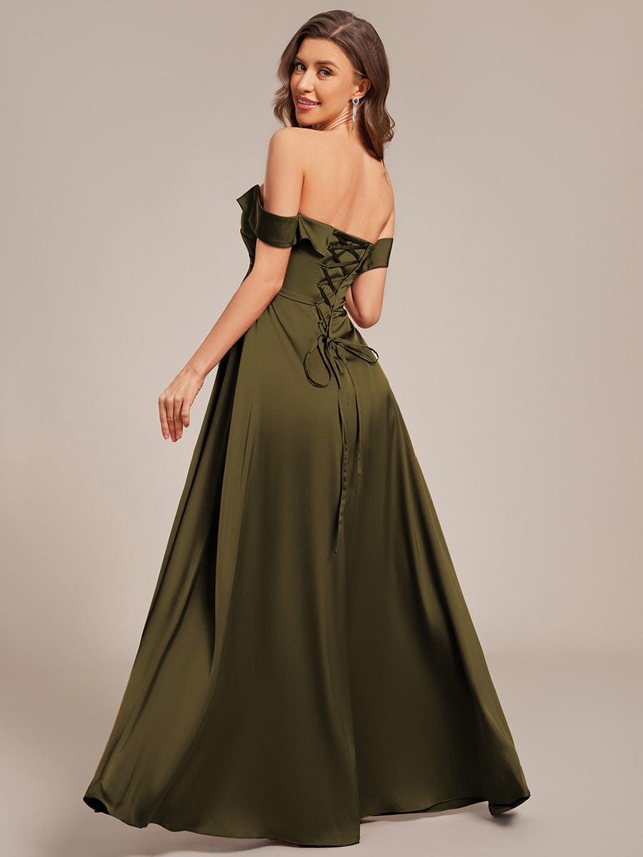 Enchanting Off-The-Shoulder High Slit Satin Bridesmaid Dress with Lace-Up