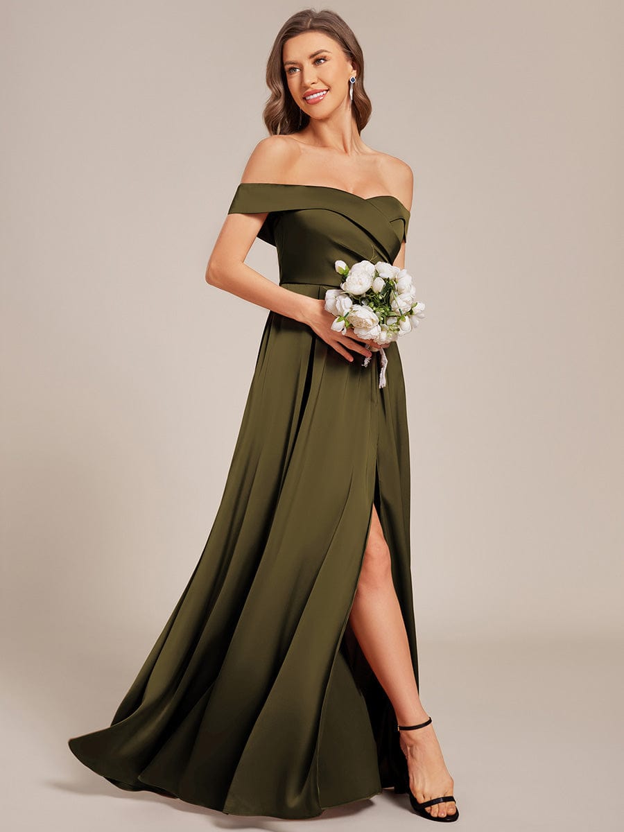 Enchanting Off-The-Shoulder High Slit Satin Bridesmaid Dress with Lace-Up
