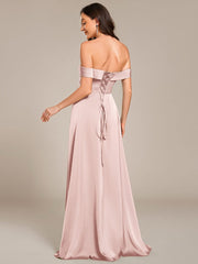 Enchanting Off-The-Shoulder High Slit Satin Bridesmaid Dress with Lace-Up