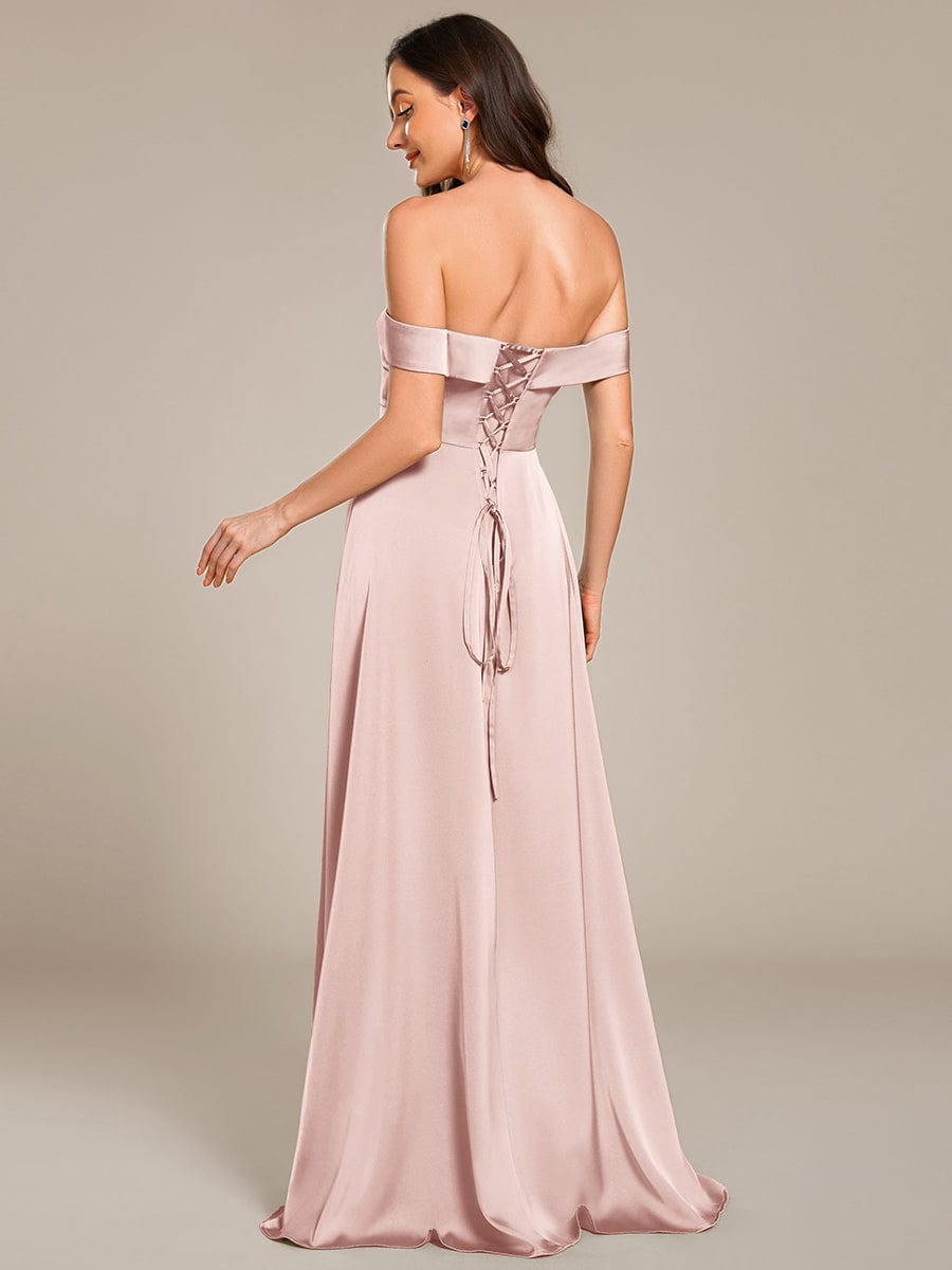 Enchanting Off-The-Shoulder High Slit Satin Bridesmaid Dress with Lace-Up