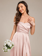 Enchanting Off-The-Shoulder High Slit Satin Bridesmaid Dress with Lace-Up