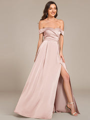 Enchanting Off-The-Shoulder High Slit Satin Bridesmaid Dress with Lace-Up