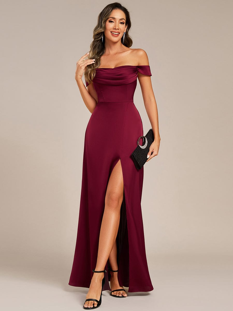 Bold Off-The-Shoulder Split Front Satin Bridesmaid Dress