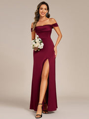 Bold Off-The-Shoulder Split Front Satin Bridesmaid Dress