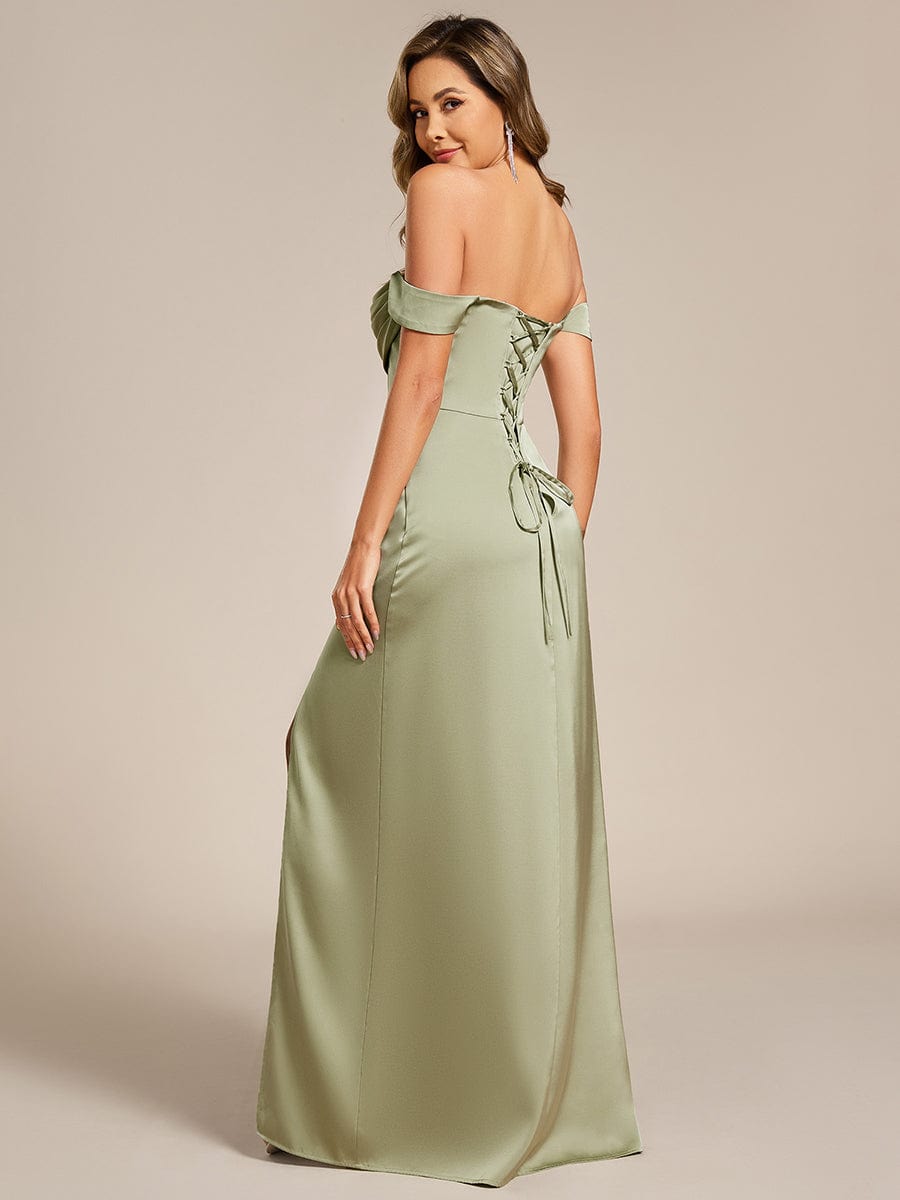 Bold Off-The-Shoulder Split Front Satin Bridesmaid Dress
