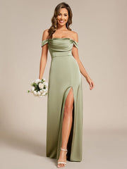 Bold Off-The-Shoulder Split Front Satin Bridesmaid Dress