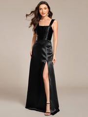 Enchanting Square Neck A-Line Satin Bridesmaid Dress with Slit