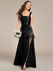 Enchanting Square Neck A-Line Satin Bridesmaid Dress with Slit