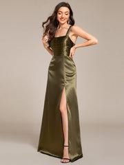 Enchanting Square Neck A-Line Satin Bridesmaid Dress with Slit