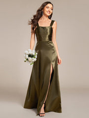 Enchanting Square Neck A-Line Satin Bridesmaid Dress with Slit