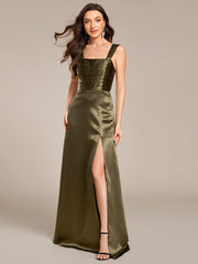 Enchanting Square Neck A-Line Satin Bridesmaid Dress with Slit