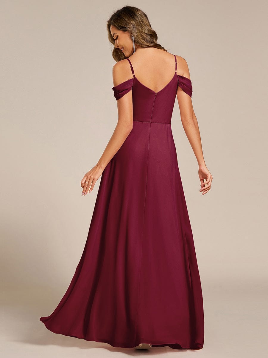 Deluxe Off-The-Shoulder V-Neck A-Line Bridesmaid Dress with Spaghetti Straps