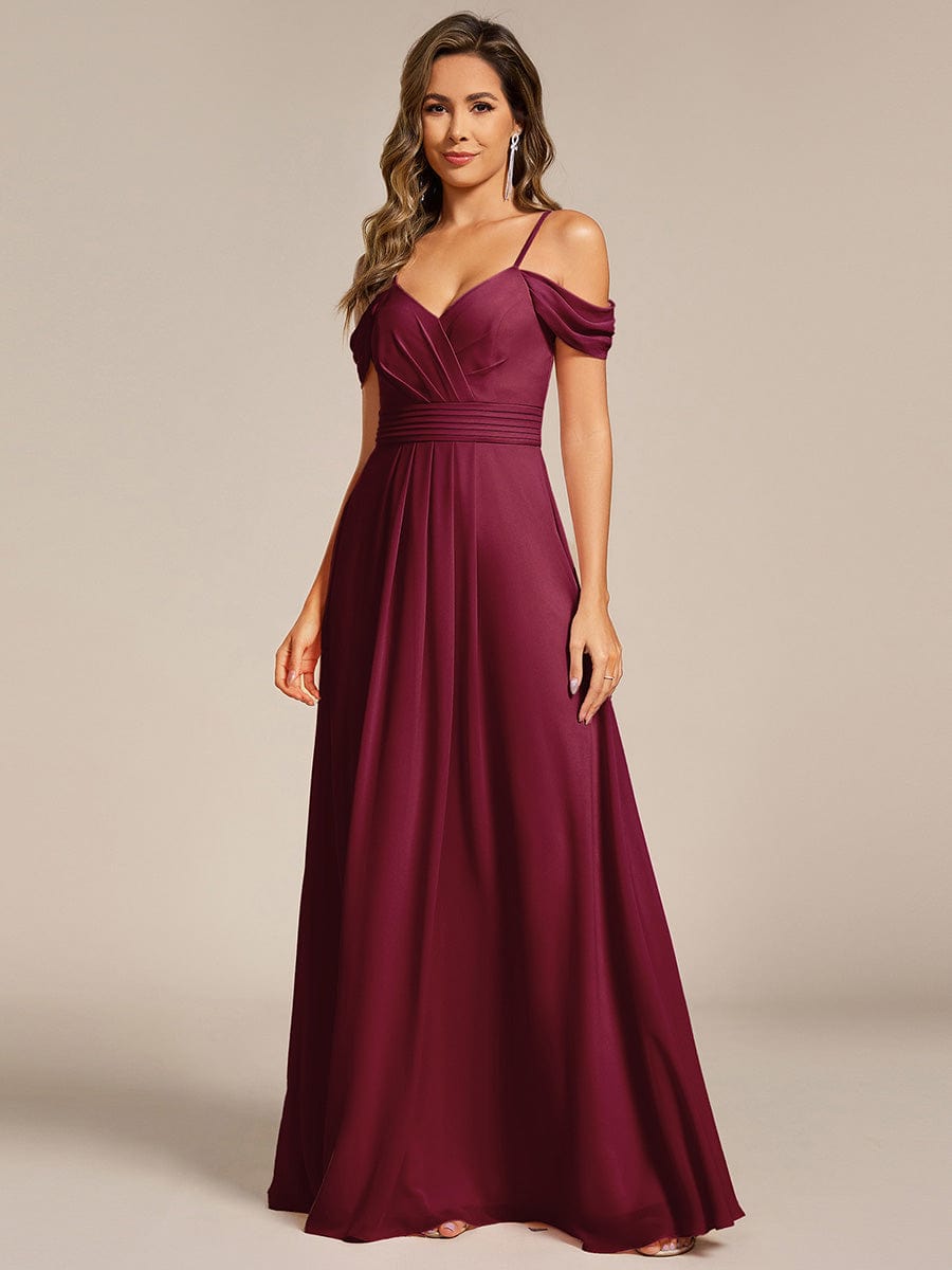 Deluxe Off-The-Shoulder V-Neck A-Line Bridesmaid Dress with Spaghetti Straps