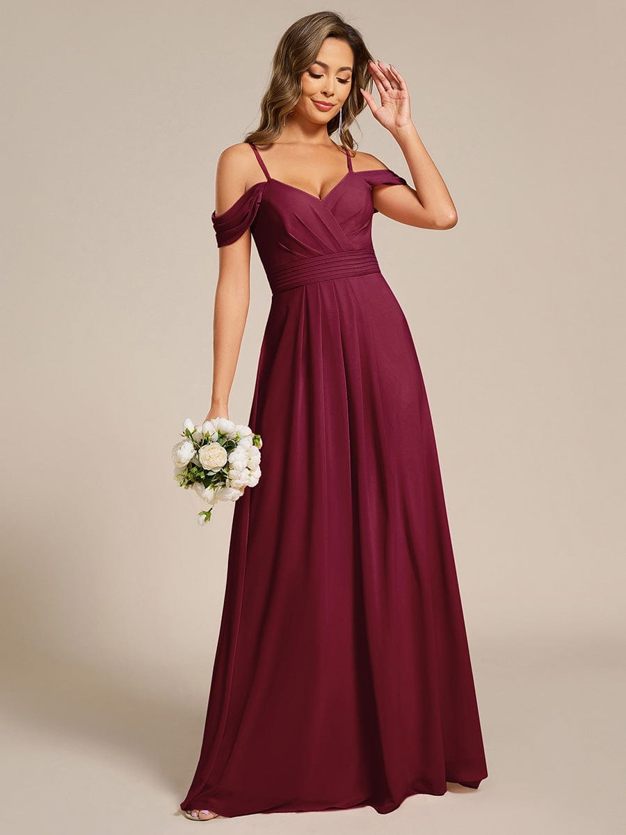 Deluxe Off-The-Shoulder V-Neck A-Line Bridesmaid Dress with Spaghetti Straps