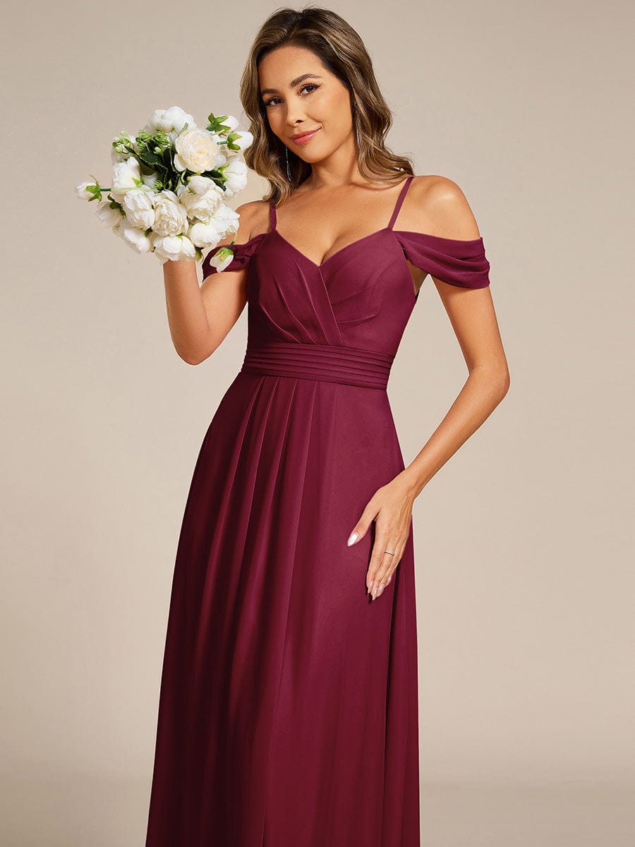 Deluxe Off-The-Shoulder V-Neck A-Line Bridesmaid Dress with Spaghetti Straps