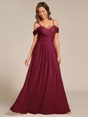 Deluxe Off-The-Shoulder V-Neck A-Line Bridesmaid Dress with Spaghetti Straps