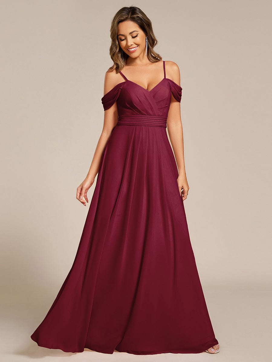 Deluxe Off-The-Shoulder V-Neck A-Line Bridesmaid Dress with Spaghetti Straps