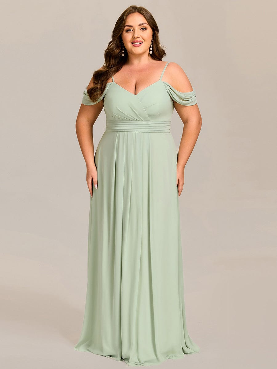 Deluxe Off-The-Shoulder V-Neck A-Line Bridesmaid Dress with Spaghetti Straps