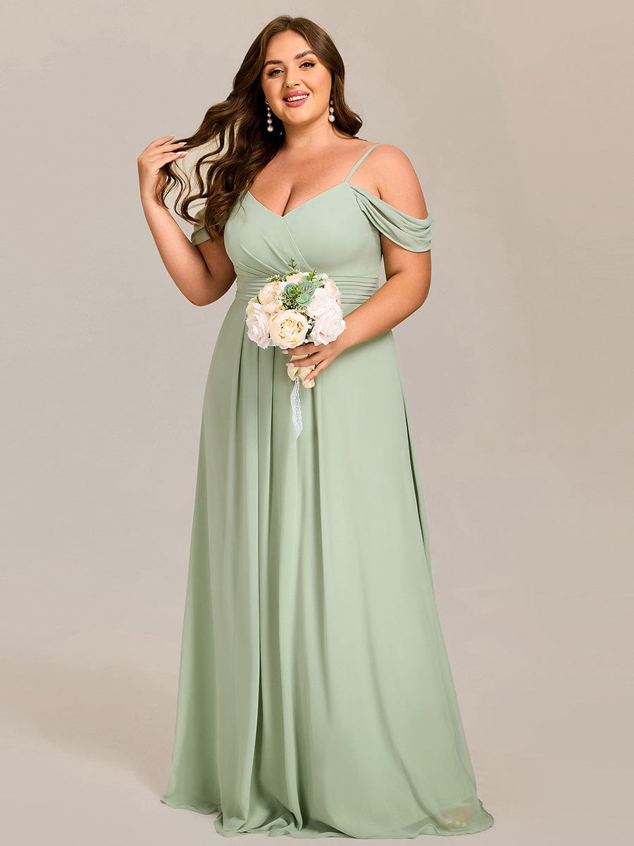 Deluxe Off-The-Shoulder V-Neck A-Line Bridesmaid Dress with Spaghetti Straps