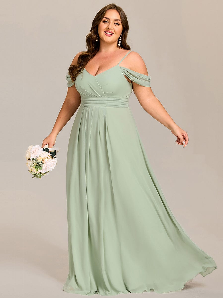 Deluxe Off-The-Shoulder V-Neck A-Line Bridesmaid Dress with Spaghetti Straps