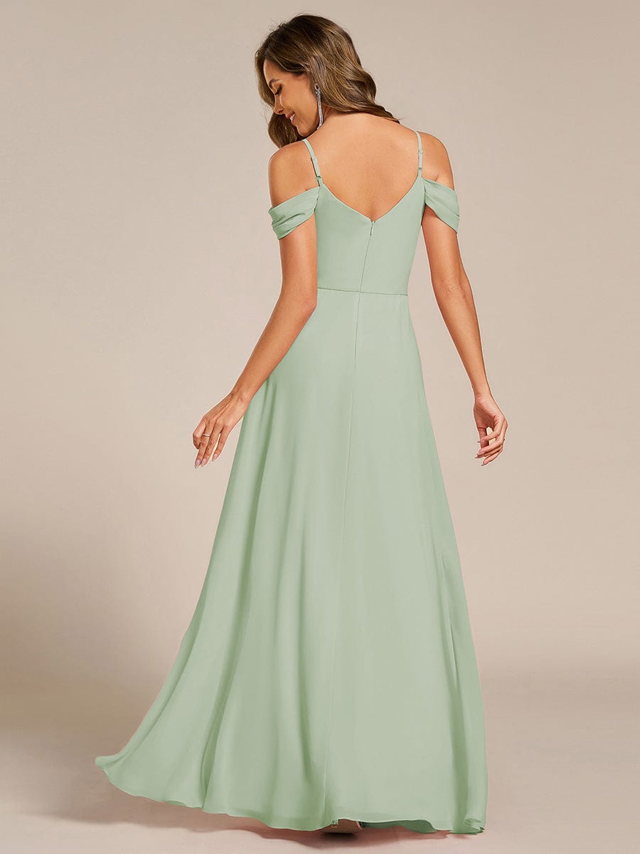 Deluxe Off-The-Shoulder V-Neck A-Line Bridesmaid Dress with Spaghetti Straps